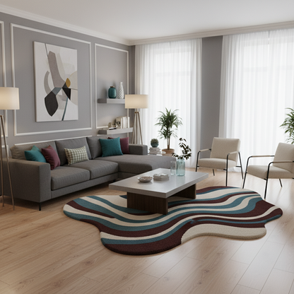 Outdoor patio with wavy pattern rug, furniture, and plants on a sunny day.