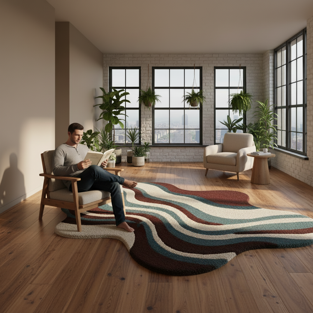 Man sitting on a chair reading a book in a modern living room with a colorful rug.