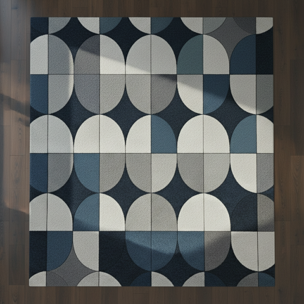 Contemporary oval block pattern rug in navy and charcoal tones