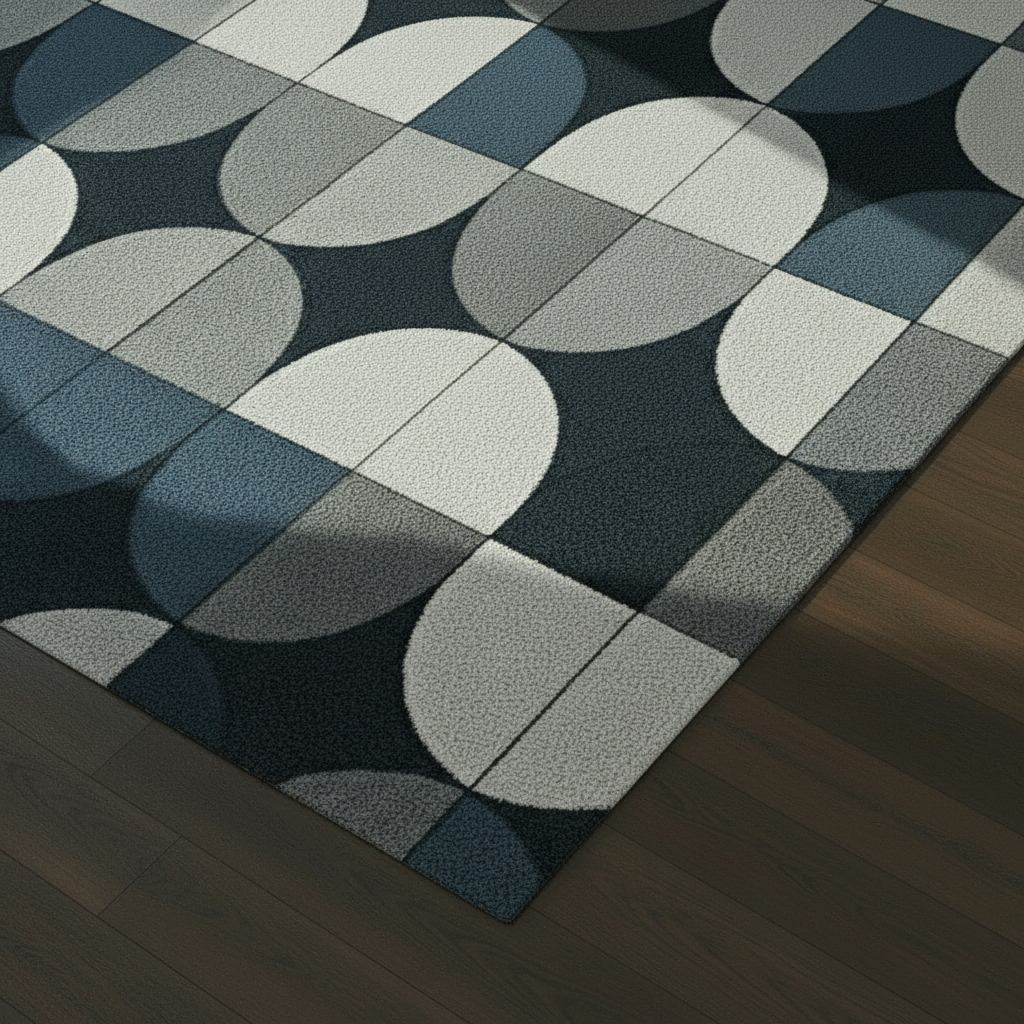 Geometric modern area rug with slate blue and gray color palette