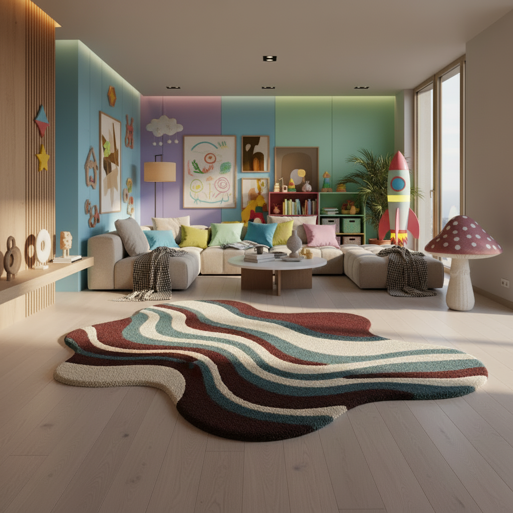 Multicolor Wavy Abstract Hand Tufted Rug