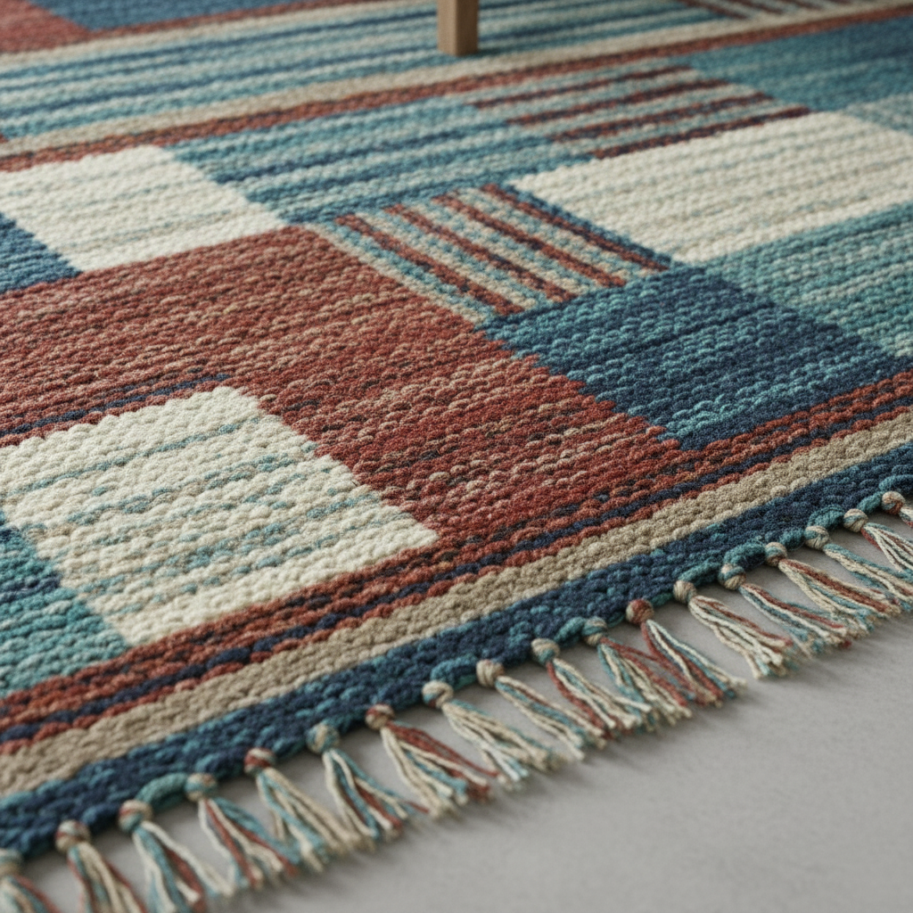 Geometric patterned rug with colorful stripes and tassels on a plain background
