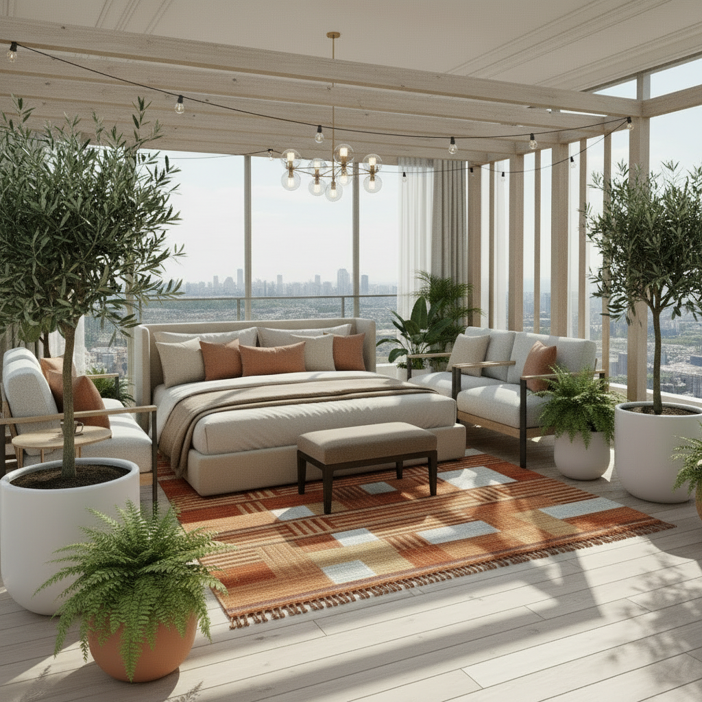 Modern living room with large windows, furniture, and decorative plants.