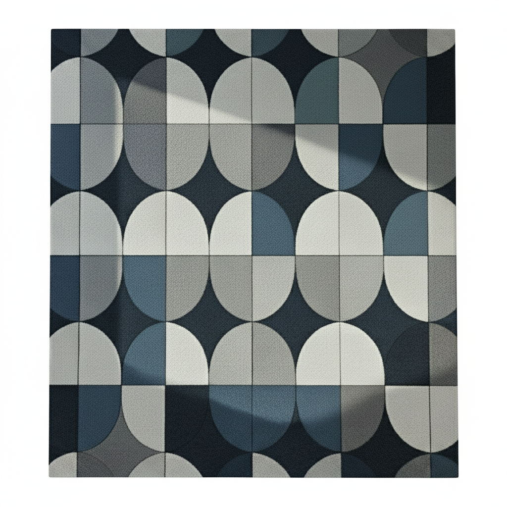 Modern navy blue and gray geometric rug with oval pattern