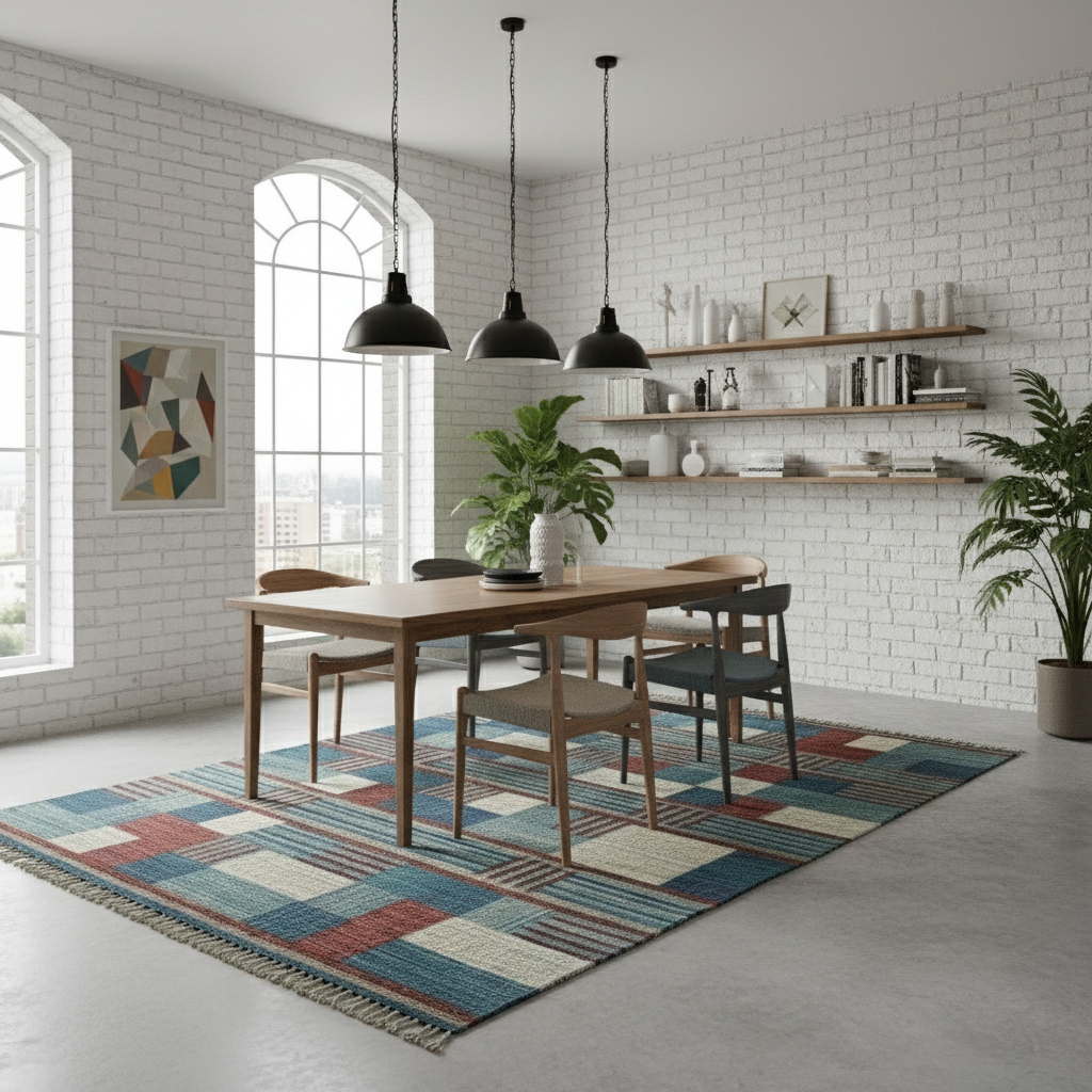 Dining room with a wooden table and chairs on a multicolored geometric rug.