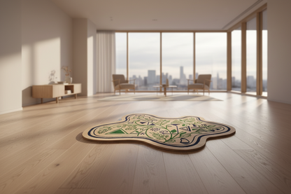 Organic shape rug featuring navy outlines, green botanical motifs, and abstract geometric elements.