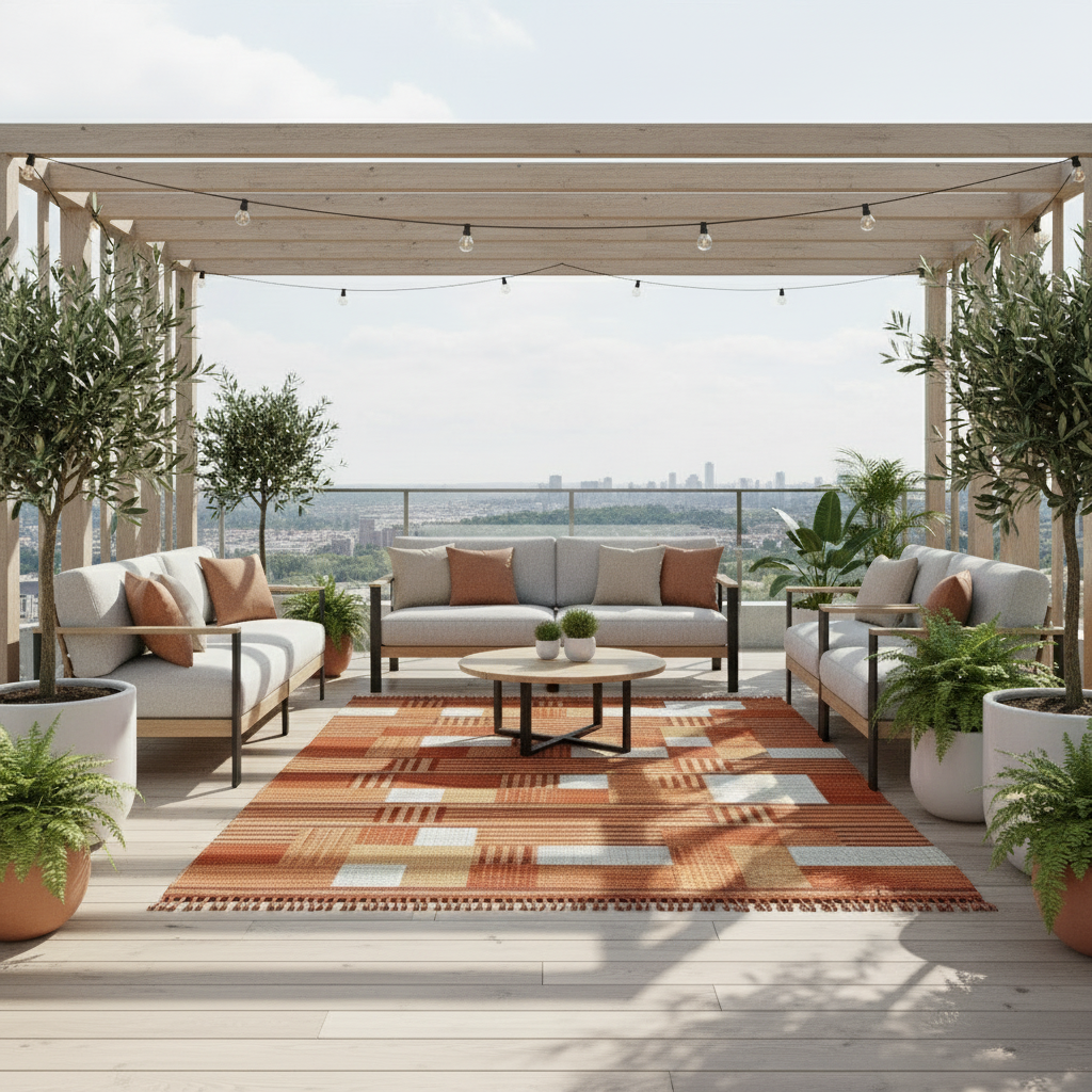 Farmhouse-style striped rug in terracotta and cream