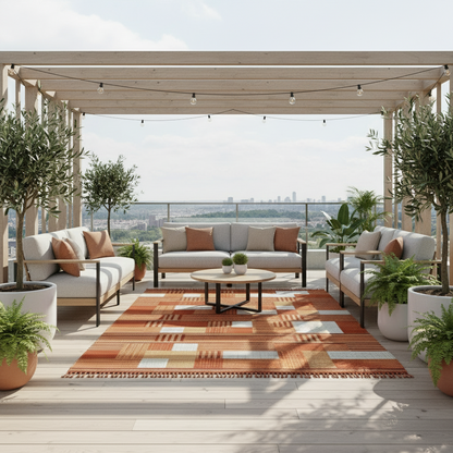 Farmhouse-style striped rug in terracotta and cream