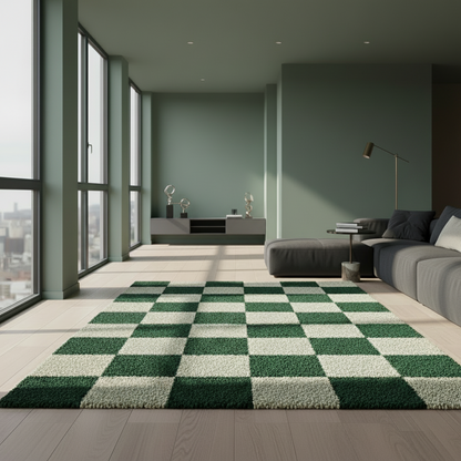 Modern living room with a checkered green and white rug, gray sofa, and large windows.