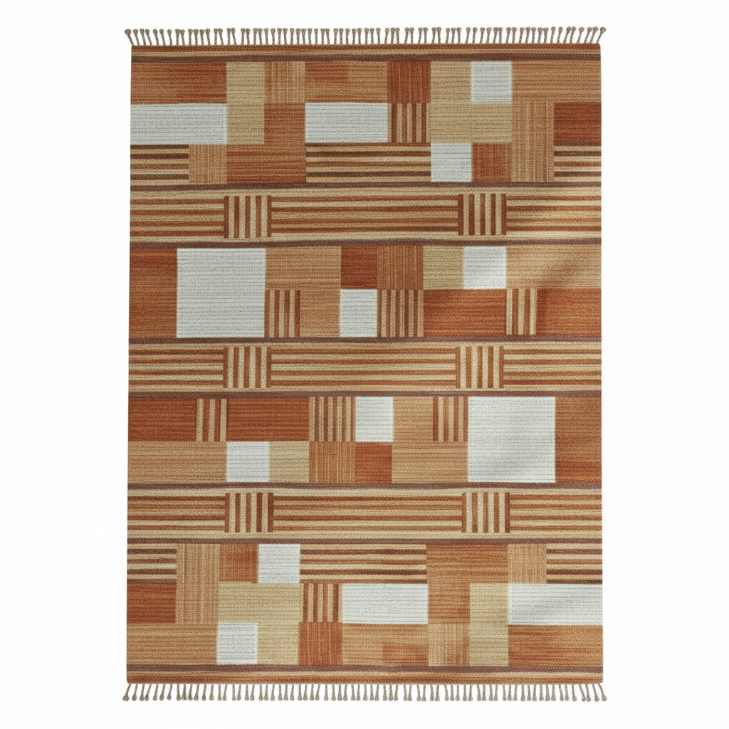 Handwoven wool striped rug in burnt orange and beige