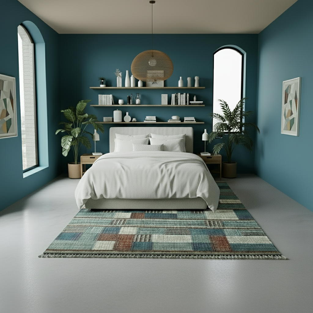 Modern bedroom with minimalist decor featuring a handwoven wool-blend striped rug in teal, red, aqua, blue, and cream tones