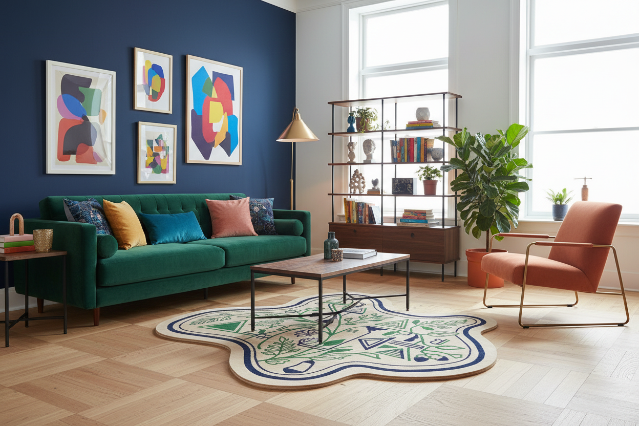 Handmade tufted rug with modern floral design and geometric shapes in green and blue tones.