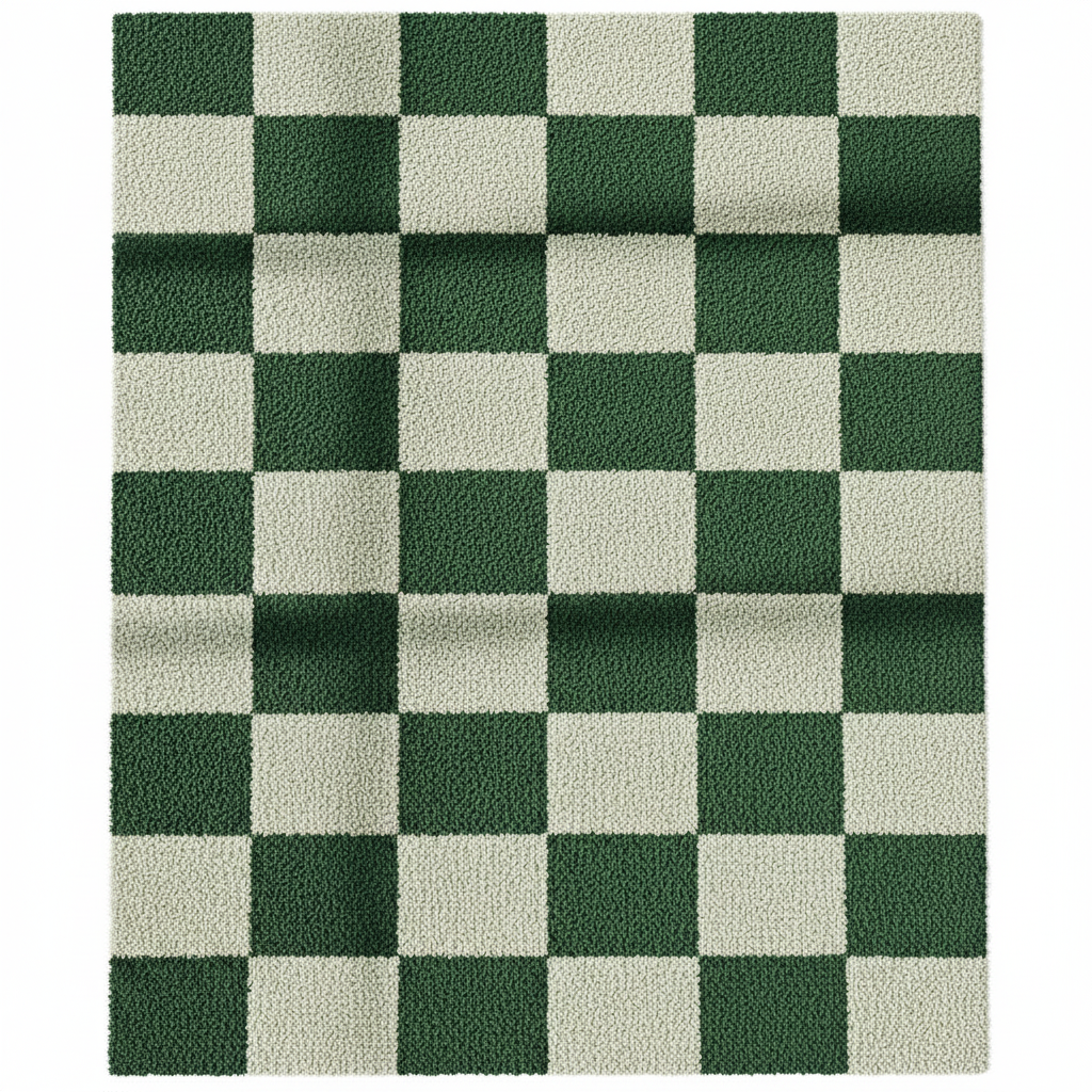Checkered rug with green and beige squares on a white background