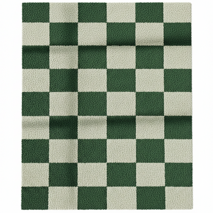 Checkered rug with green and beige squares on a white background