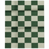 Checkered rug with green and beige squares on a white background