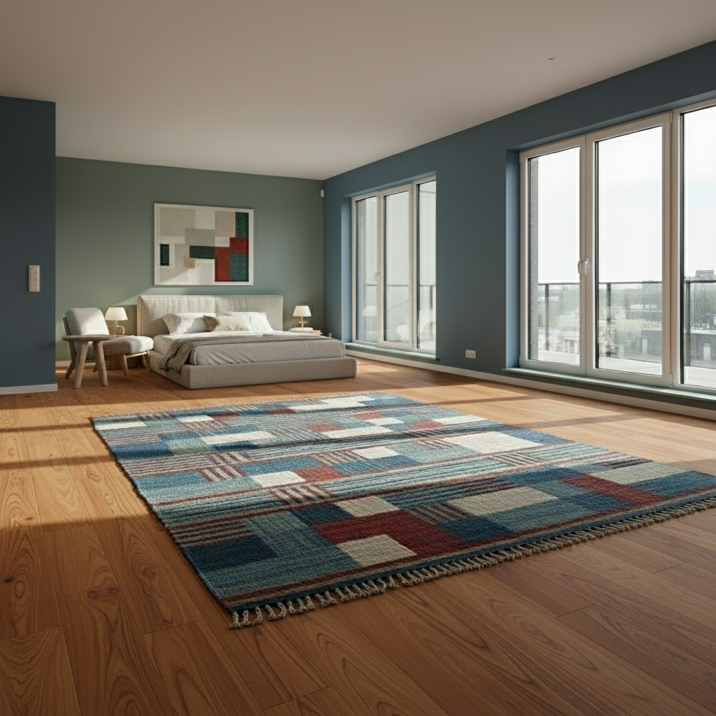 Handwoven wool-blend striped rug with teal, red, aqua, blue, and cream stripes in a modern boho living room.