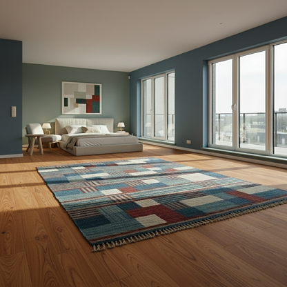 Handwoven wool-blend striped rug with teal, red, aqua, blue, and cream stripes in a modern boho living room.