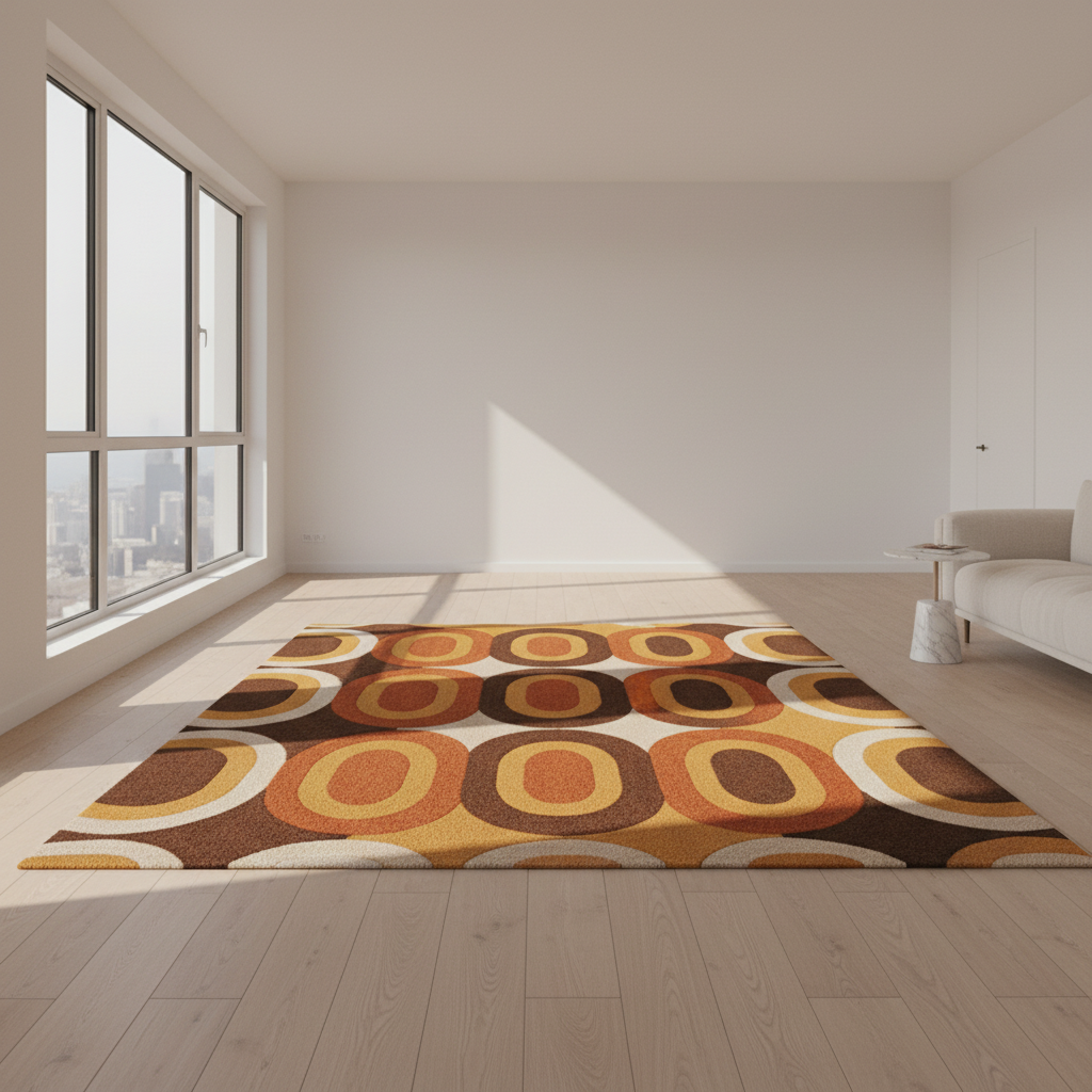Retro Orange Brown Patterned Wool Blend Area Rug