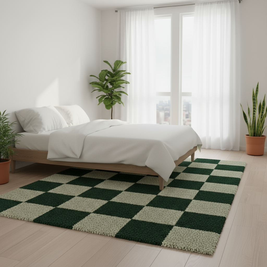 Bedroom with a checkered green and beige rug, white bedding, and potted plants.