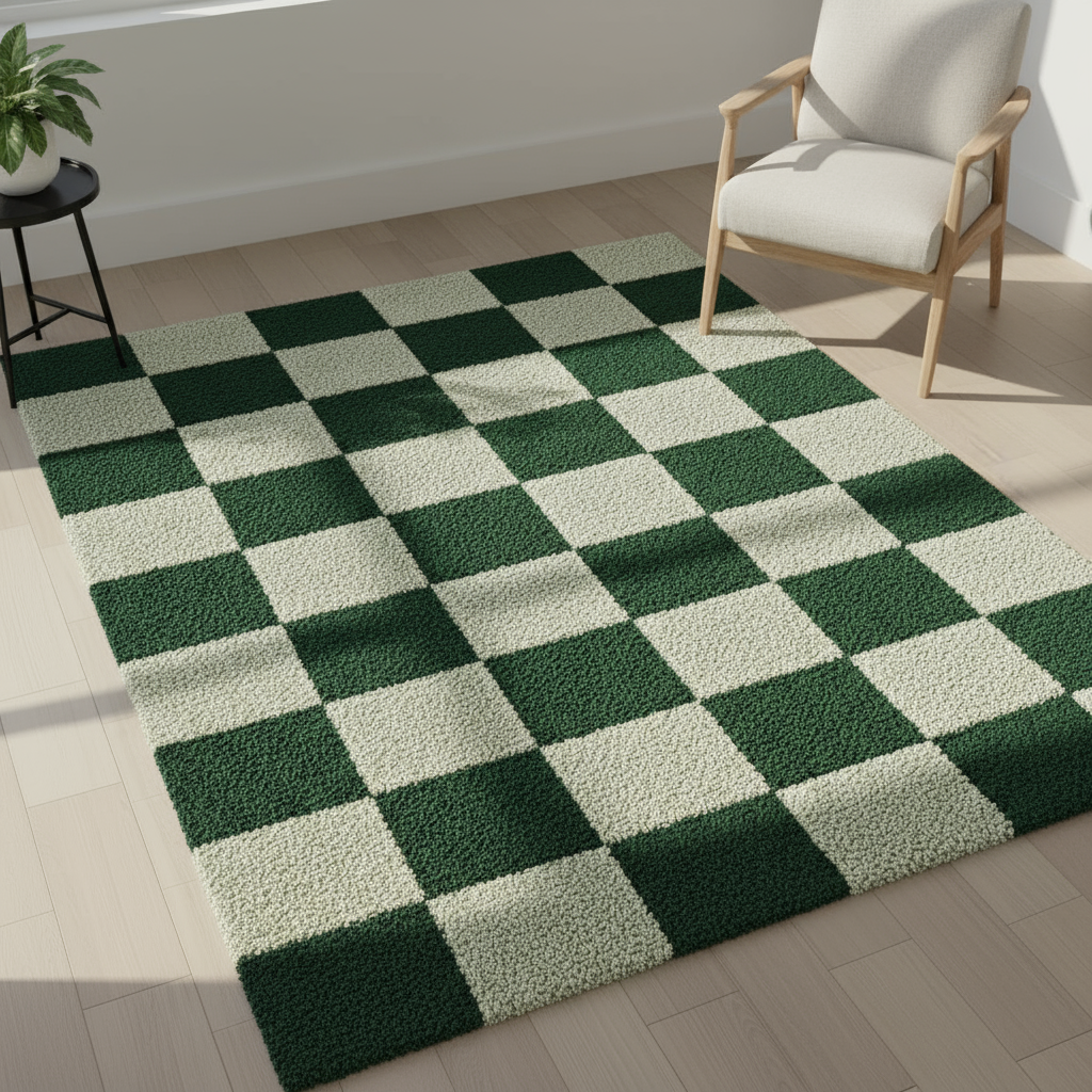 Green and white checkered rug on a wooden floor with a chair and plant in the background.