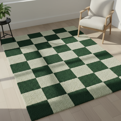 Green and white checkered rug on a wooden floor with a chair and plant in the background.