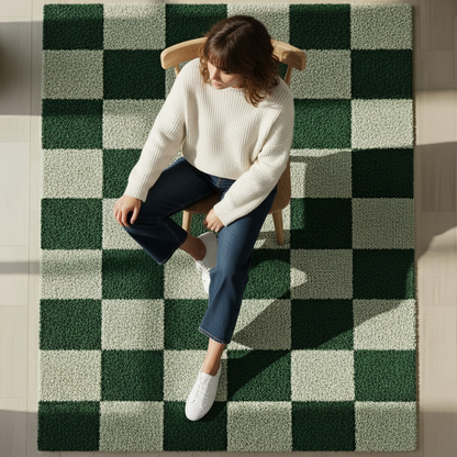 Person sitting on a chair on a green and white checkered rug