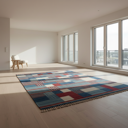 Colorful geometric-patterned rug on a light wooden floor with large windows in the background.