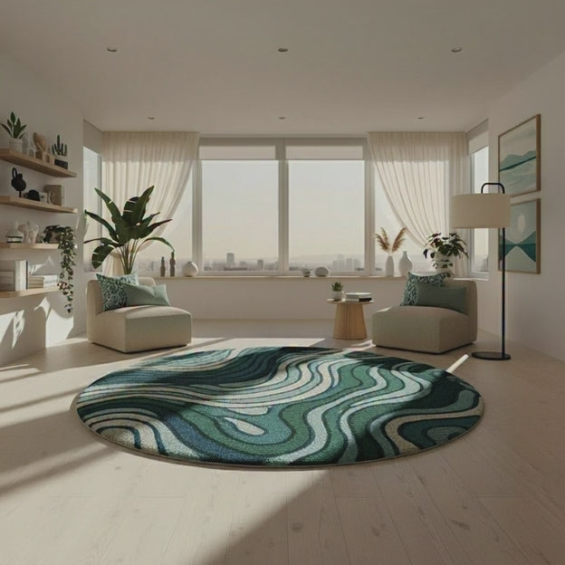 Emerald Green Abstract Swirl Hand-Tufted Wool Rug