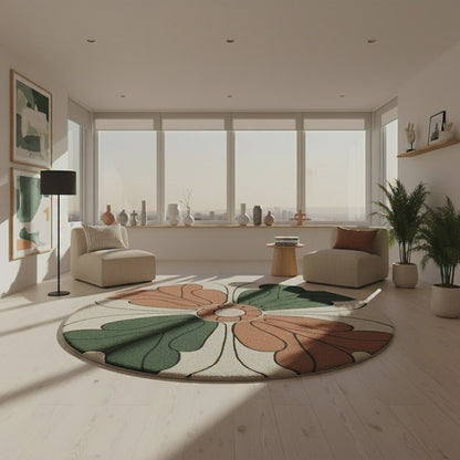 Abuson Eco-Friendly Round Green Floral Wool Blend Rug