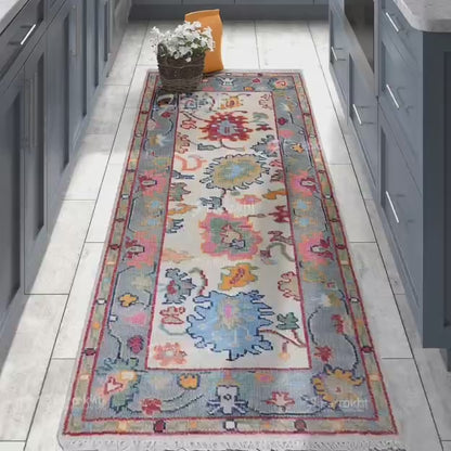 Boho Hallway Runner Rug in Ivory Blue