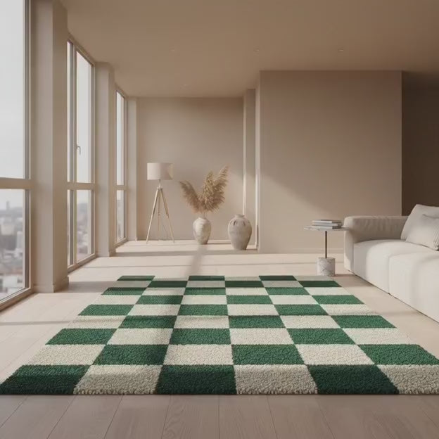 Modern Green Checkerboard Wool Blend Rug USA