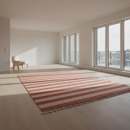 Terracotta Red Beige Modern Handwoven Wool Striped Rug