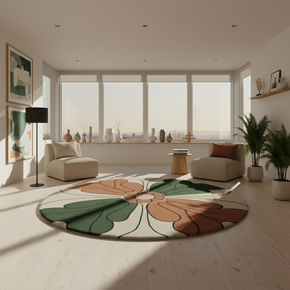 Retro-inspired round hand-tufted rug with bold petal shapes and center medallion.