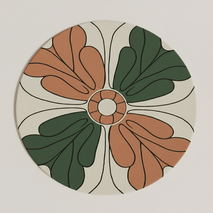 Round floral rug with burnt terracotta and forest green petals on a cream background