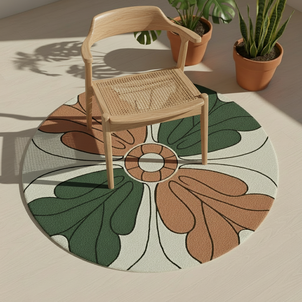 Mid-century style round rug featuring green and terracotta leaf patterns.
