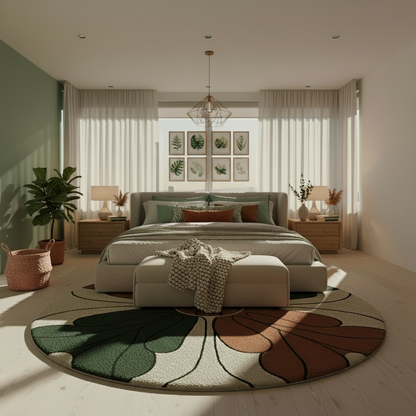 Vintage-inspired circular rug with cream base and colorful botanical motifs.