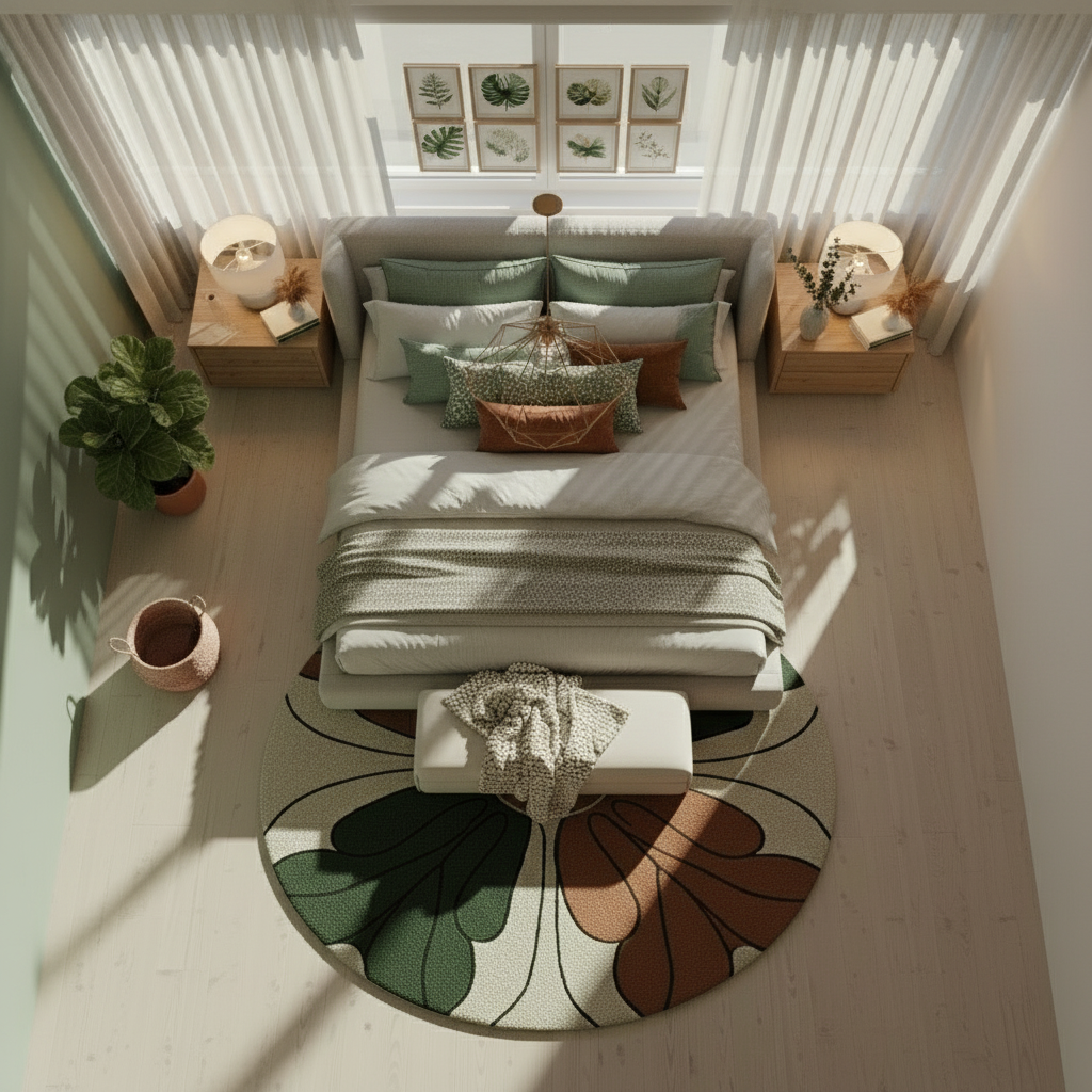 Hand-tufted round rug with bold floral design in terracotta and forest green.