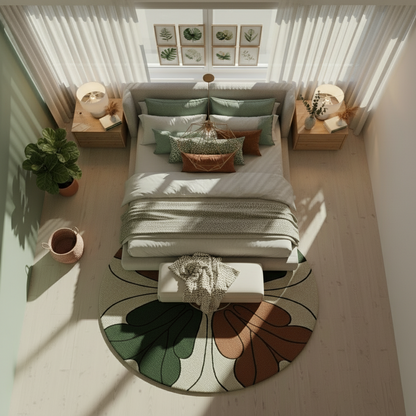 Hand-tufted round rug with bold floral design in terracotta and forest green.