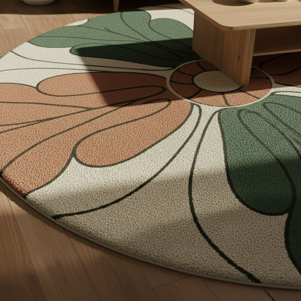 Decorative bohemian round rug with green and terracotta petal artwork.