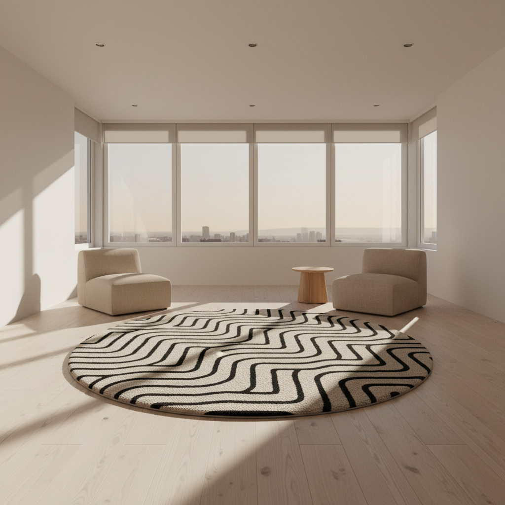 Modern hand-tufted round rug in cream and black pattern