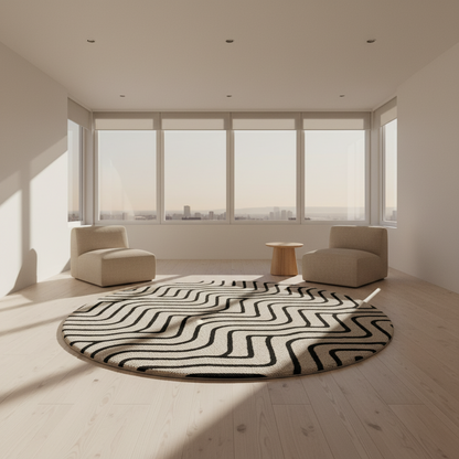 Modern hand-tufted round rug in cream and black pattern