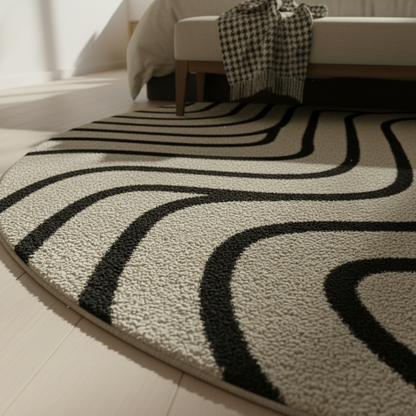 Round beige rug with black wavy pattern on a light wood floor.