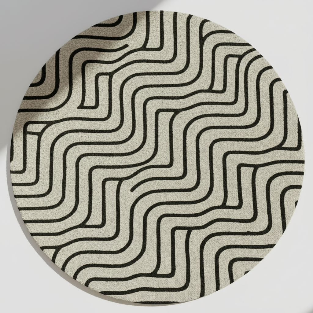 Round beige rug with black wavy geometric lines