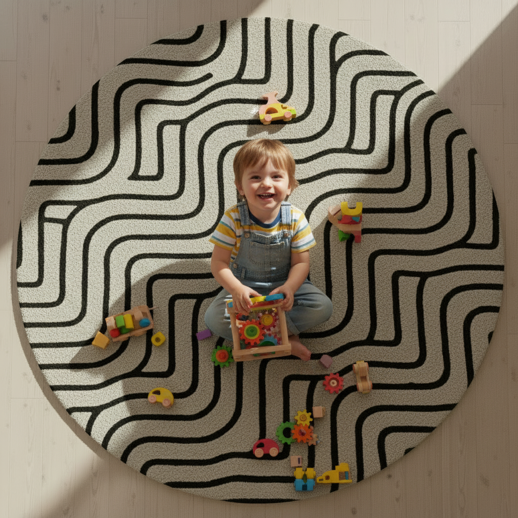 Modern hand-tufted round rug in cream and black pattern
