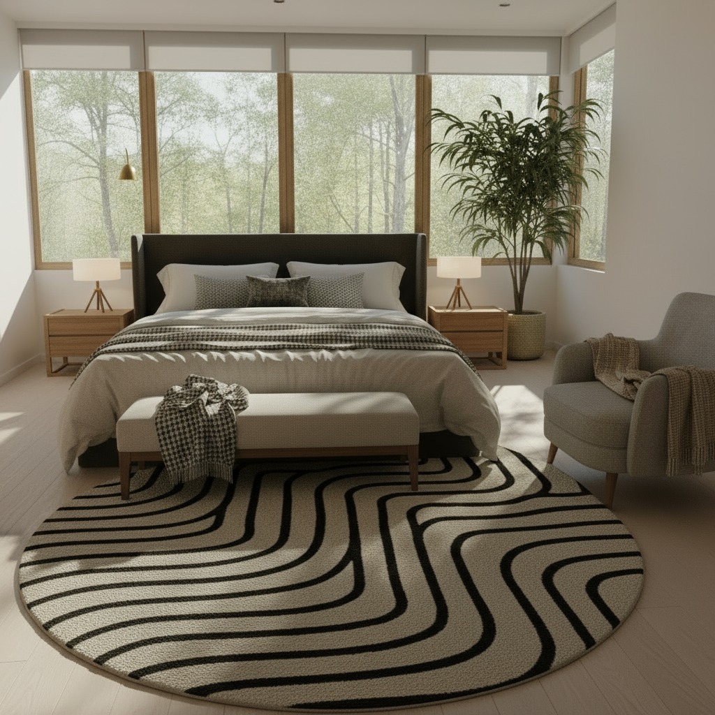 Neutral round rug with bold black abstract line art