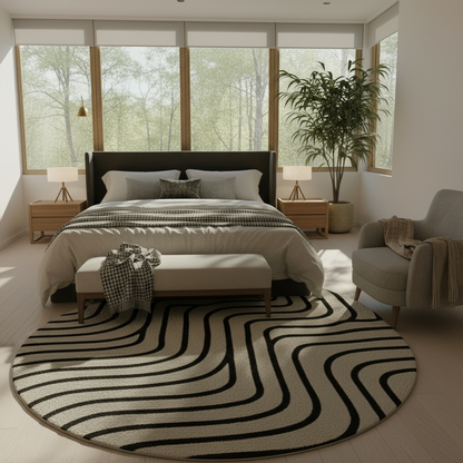 Neutral round rug with bold black abstract line art